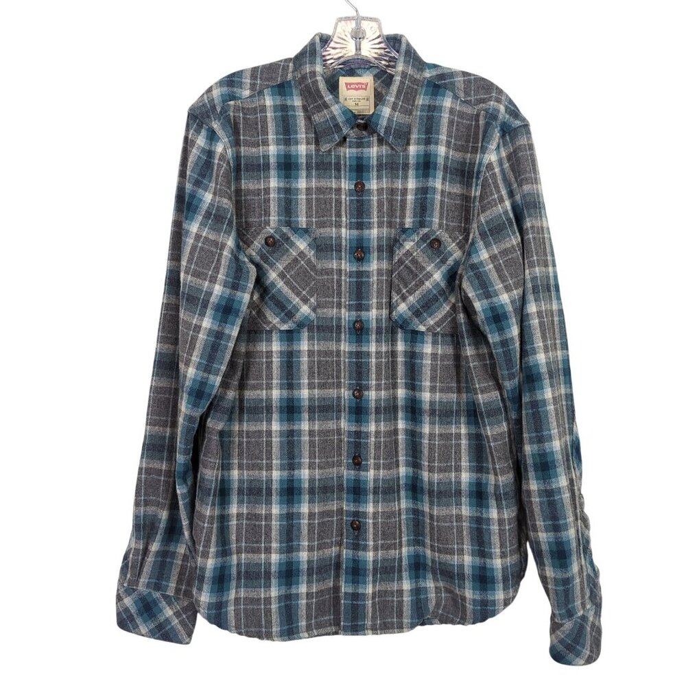 Levi’s Men’s Slim Fit Plaid Flannel Gray Blue Shirt M Long Sleeve Button Front